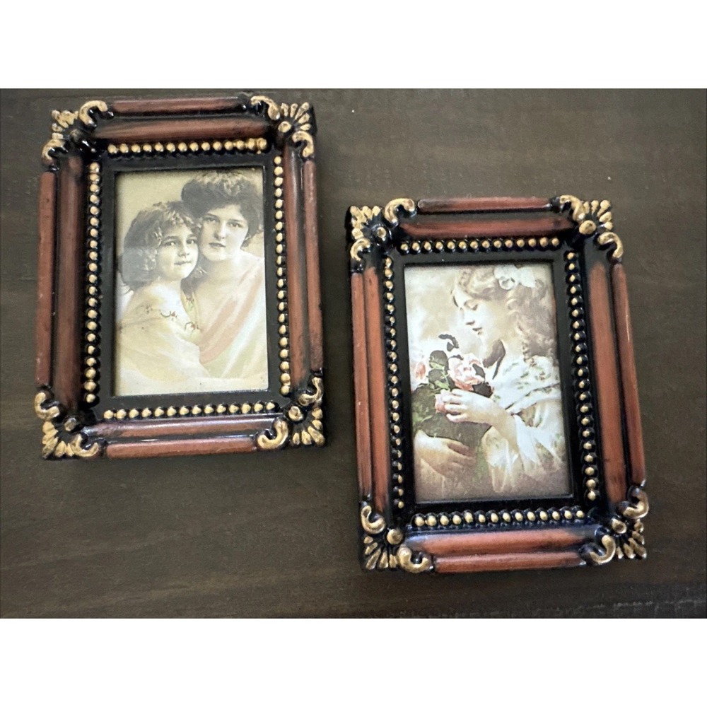 Mini Ornate Picture Frame Wood Like Plastic Brown Gold 2.5 X 1.5"